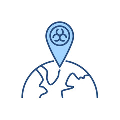 Outbreak virus map related vector icon. Location Sign with Biohazard on map. Outbreak virus sign. Isolated on white background. Editable vector illustration