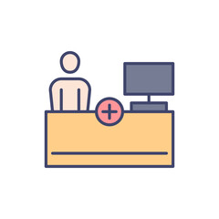 Reception related vector line icon. Person, table, computer, medical cross. Isolated on white background. Vector illustration. Editable stroke