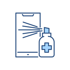 Fototapeta premium Smartphone disinfection related vector icon. Alcohol Disinfector sprays aerosol onto smartphone screen. Disinfection sign. Isolated on white background. Editable vector illustration
