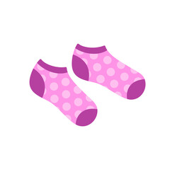 Pair of pink knitted warm dotted socks. Woolen item.