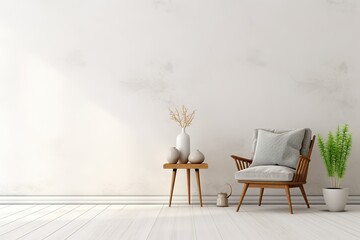 minimal room, white wall with copy space, cozy furniture