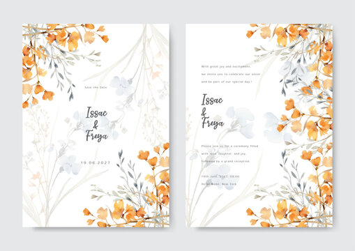 Orange wedding invitation template with beautiful flower