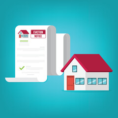House, real estate property,  with an eviction notice document. Vector illustration.
