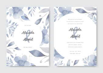 Minimalist wedding card template with blue leave watercolor. Rustic theme wedding card invitation.