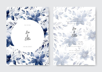 Minimalist wedding card template with blue leave watercolor. Rustic theme wedding card invitation.