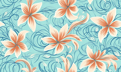 Fototapeta na wymiar Flower pattern with orange and blue flowers on background with leaves and flowers,