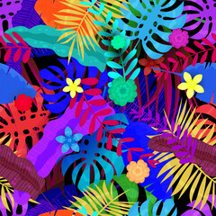 Seamless pattern Tropical exotic background. Colorful jungle leaves, flowers