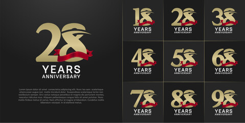 set of anniversary logo with gold number and red ribbon can be use for celebration