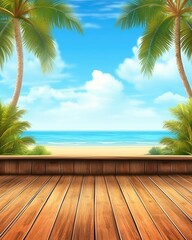 A tropical beach background with a wooden product display stage. (Illustration, Generative AI)