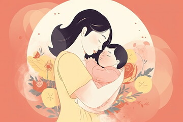 llustration of mother holding baby in arms, mothers day
