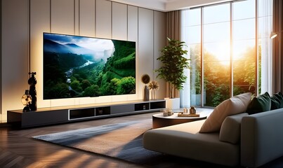 Big Tv In A Living Room. Elegant living room with big tv screen. Generative AI - obrazy, fototapety, plakaty