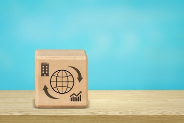 Multinational corporation concept, wooden cube with icon