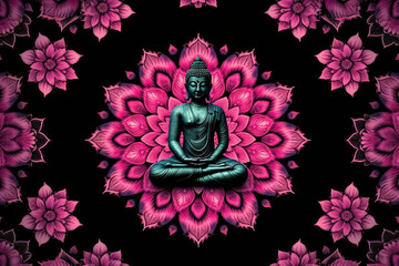 3d buddha and Pink kaleidoscope lotus mandala abstract design on dark background, generative AI