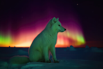 Artic fox sitting in arctic sunset, snow falling, young Artic fox resting on an ice floe, colorful northern lights, green orange pink aurora