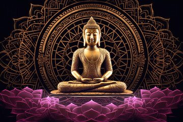 3d buddha and Pink kaleidoscope lotus mandala abstract design on dark background, generative AI