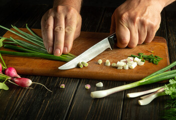 Slicing onions before cooking vegetarian food on the kitchen table by the hands of the chef