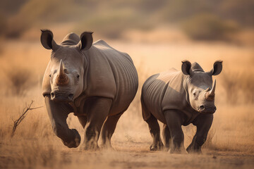 Rhinoceros mother and its offspring are leisurely walking across the expansive savanna, generative AI