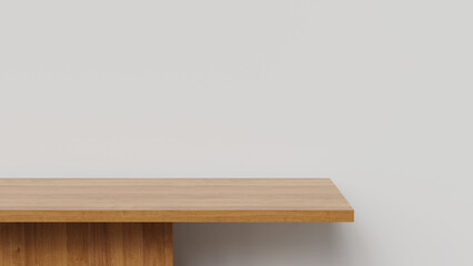 Wood table simple podium in front of white background wall, 3d rendering