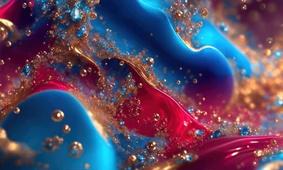 Papier Peint photo Univers blue topaz, red ruby, and gold liquid waves Wallpaper, Marbles Texture Liquid Luxury Wallpaper, Generative AI