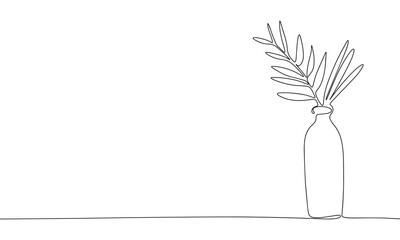 One Line Branch with leaves in vase Vector Drawing. Style Template Flower in vase. Modern Minimalist Simple Linear Style. 