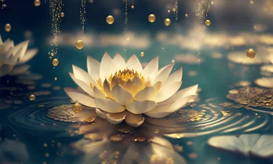 Fotobehang water lily in the pond, white lotus in a golden magic pond, generative ai © Johan Wahyudi
