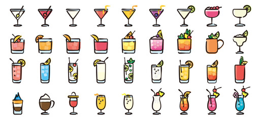 Cocktail Icon Set. Hand-drawn line, colored version.