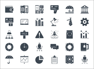 Business, banking and finance icons vector set glyph. Icons for business, management, finance, strategy, banking, marketing and accounting for mobile concepts and web. Modern pictogram