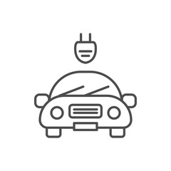 Electric car related vector linear icon. Eco friendly auto. Green vehicle. Automobile with electric plug. Vector outline illustration Isolated on white background. Editable stroke