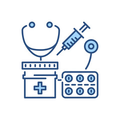 Health Care related vector thin line icon. Stethoscope, pills, medicine jar and syringe. Isolated on black background. Editable stroke. Vector illustration