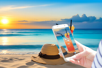 Eine Frau am Strand macht Foto mit Ihrem Smartphone