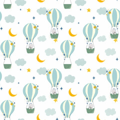 Beautiful kids seamless pattern with hand drawn cute dinosaurs flying on air balloons with stars and clouds. Stock illustration.
