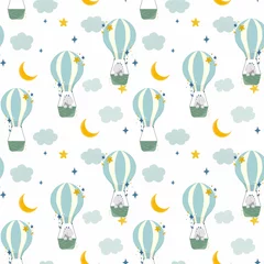 Cercles muraux Montgolfière Beautiful kids seamless pattern with hand drawn cute dinosaurs flying on air balloons with stars and clouds. Stock illustration.