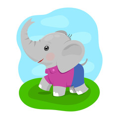 Little happy cute baby elephant in cartoon style dressed in lilac shirt and blue shorts