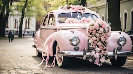 Poster wedding pink old car with flowers © Denis