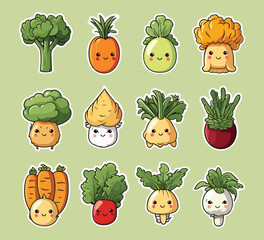 Sticker collection of funny vegetable faces, kawaii style cartoon, vector illustration