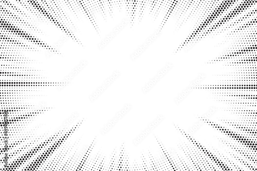 Poster Halftone gradient sun rays pattern. abstract halftone vector dots background. monochrome dots pattern. pop art, comic small dots. star rays halftone poster. shine, explosion. sunrise rays background.	