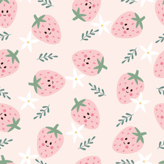 Hand-Drawn Strawberry Cartoon - Cute Flat Style Seamless Pattern for Fresh and Playful Fruit Backgrounds