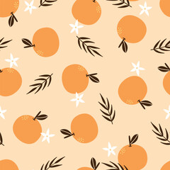 Hand-drawn orange fruit pattern on a cute cartoon background. Tropical freshness in every slice: juicy orange fruit seamless pattern in a whimsical flat style.