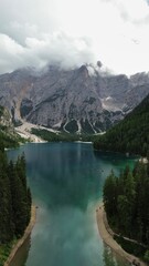 Fototapeta na wymiar drone Photo Lake Braies Dolomites, lago di braies, Pragser Wildsee italy europe