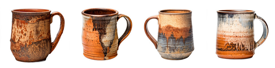 Handcrafted Pottery Mug isolated on white background.  Png set transparent