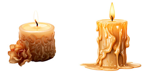 Burning candle isolated on white background. Flame, relaxation, atmosphere