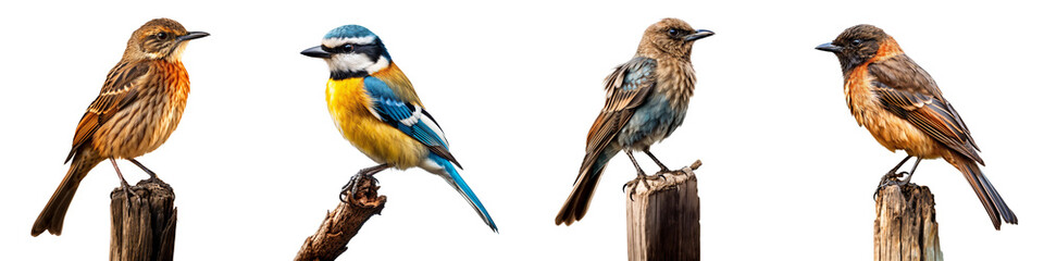 Bird perched on a branch isolated on white background. PNG set transparent