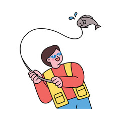 sea life illustration. A fish is hanging while a fisherman is pulling a fishing pole.