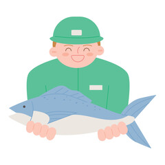 sea life illustration. A fisherman holding a big fish.
