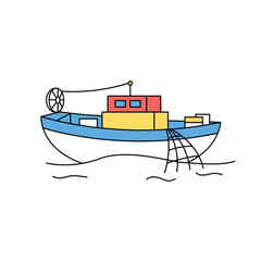 sea life illustration. A fishing boat catching fish with a net.