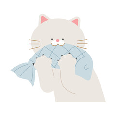sea life illustration. A cat holding a fish in its hand and eating it.