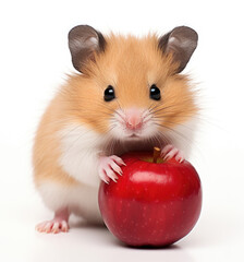 Syrian hamster holding a small red apple on a white background