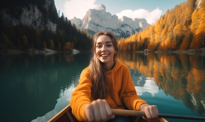 junge lachende Frau am Bergsee, generative AI