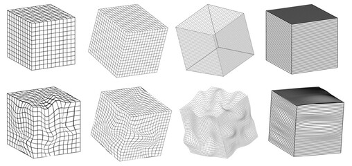 Set cube shape stickers with different linear form inspired by brutalism, cyberpunk collection strange wireframes vector 3d geometric shapes, distortion and transformation of figure, design elements