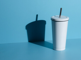 White steel thermo coffee mug mockup on blue background